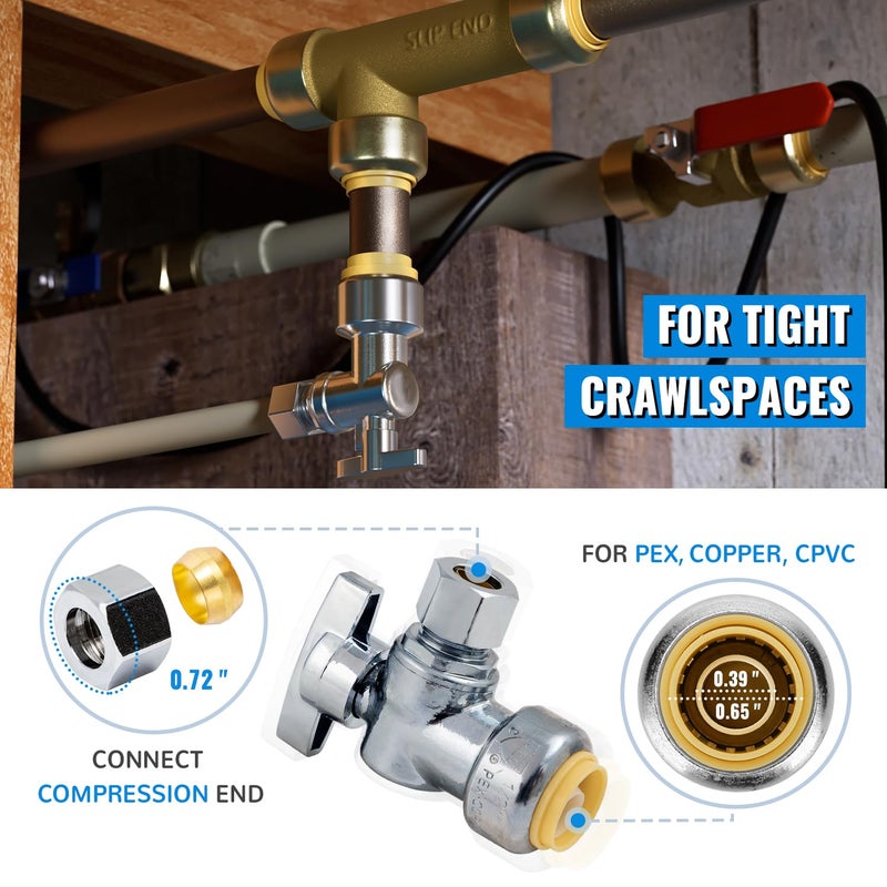 SUNGATOR 2-Pack Angle Stop Valve, Angle Water Shut Off Valve 1/2 x 3/8 Inch Compression, Toilet Water Shutoff, 1/4 Turn, No Lead Brass Push-to-Connect Plumbing Fittings for PEX Pipe, Copper, CPVC - Image 4